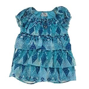 Beautees Girls Shirt Blouse Geometric Print Tiered Ruffle Blue Sz 6